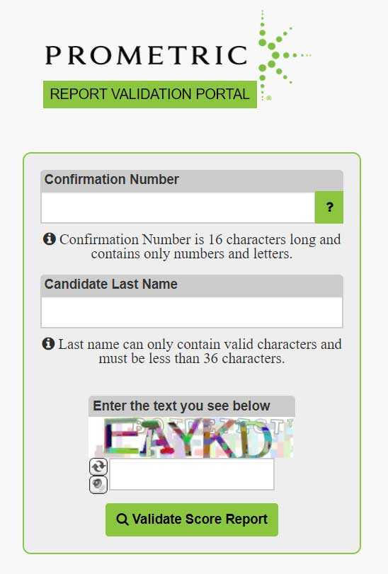 An example of what to expect on the Prometric Report Validation Portal