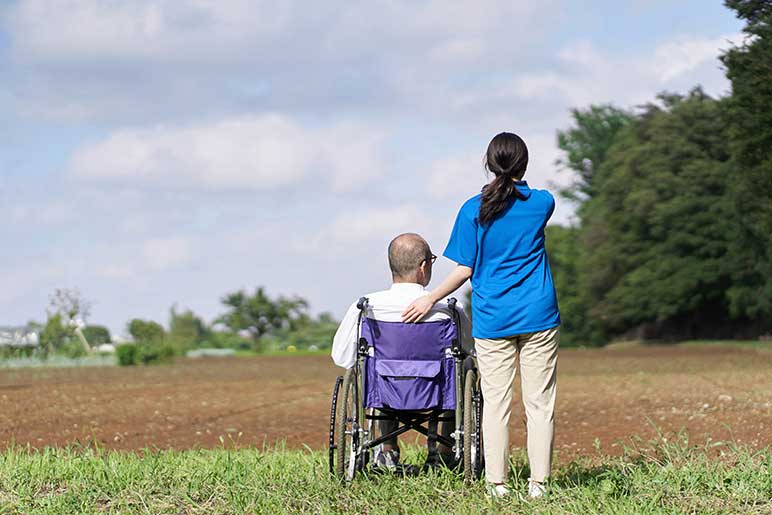 Elderly patient in wheelchair and caregiver looking at fields.