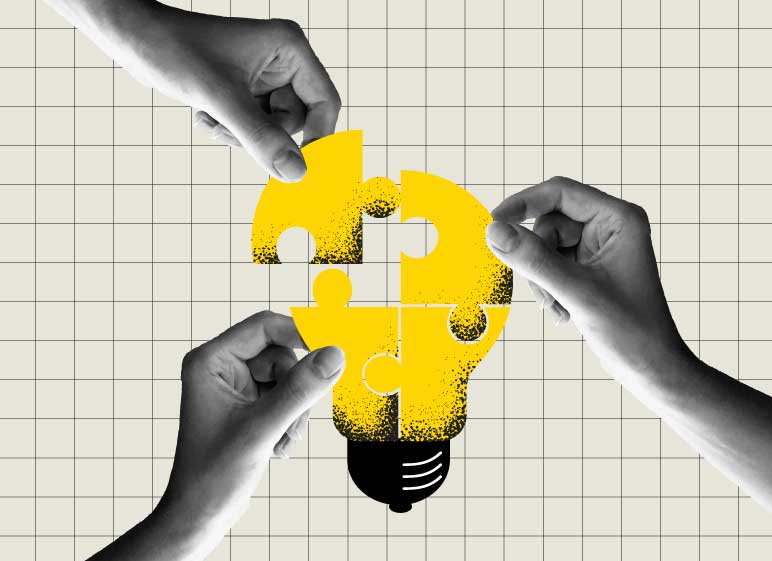 Drawing of three human hands putting together puzzle pieces that create a yellow lightbulb.