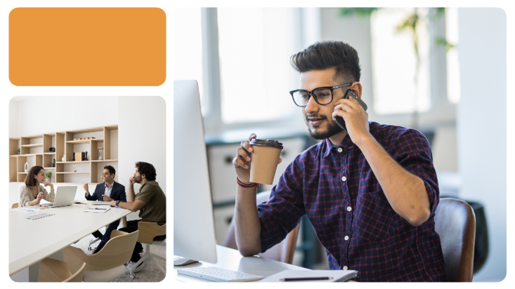 Grid images with main image of man on a call and smaller image of a group meeting