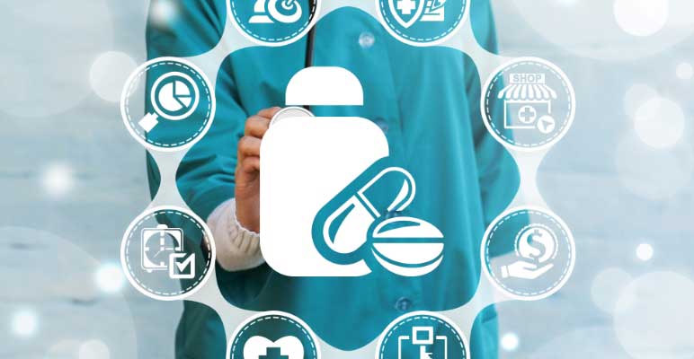 pharmaceutical medical treatment symbols superimposed on doctor image