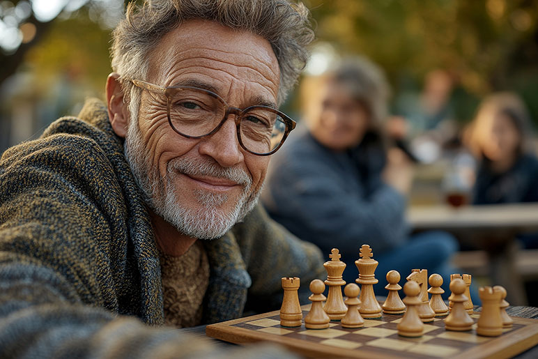 Close up photograph of older man sitting at a table with a chess board and pieces smiling at the camera with several blurred people in the background.