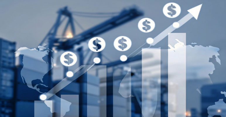 Photograph of cityscape taken from ground looking up at skyscrapers with bar graph bars and lines and random numbers superimposed on the photo.